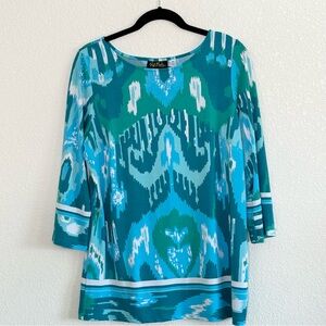 BOB MACKIE WOMEN'S WEARABLE ART MEDIUM GREEN, BLUE, WHITE TOP  3/4 SLEEVES